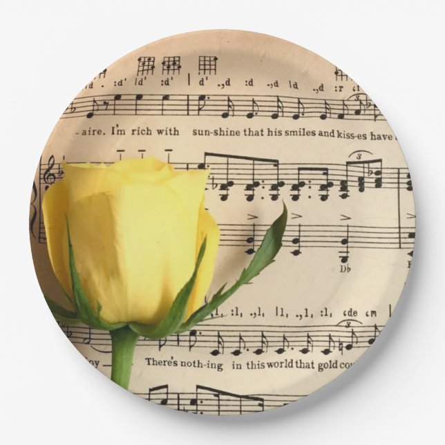 Sheet Music Yellow Rose Paper Plates (Front)