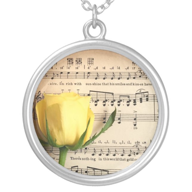 Sheet Music Yellow Rose Silver Plated Necklace (Front)