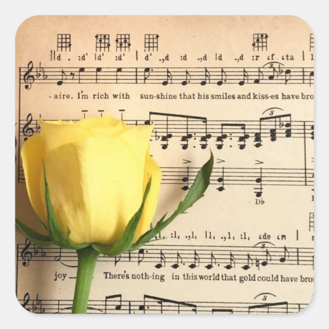 Sheet Music Yellow Rose Square Sticker (Front)