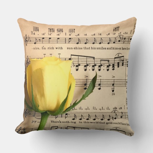Sheet Music Yellow Rose Throw Pillow (Front)