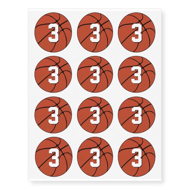 Sheet of 12 Custom Basketball Player Number/Letter Temporary Tattoos (Front)