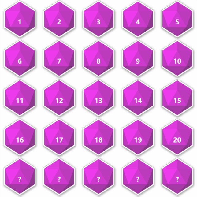 Sheet of 25 Custom Text D20 Die | Magenta Template Sticker (Front)