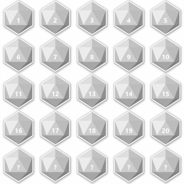 Sheet of 25 Custom Text D20 Die | White Template Sticker (Front)