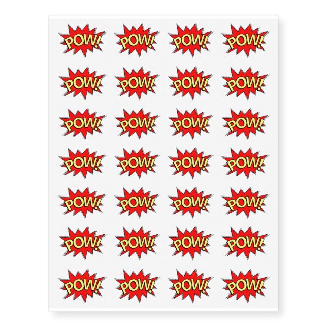 Sheet of 28 Medium POW! Superhero Comic Book Temporary Tattoos (Front)