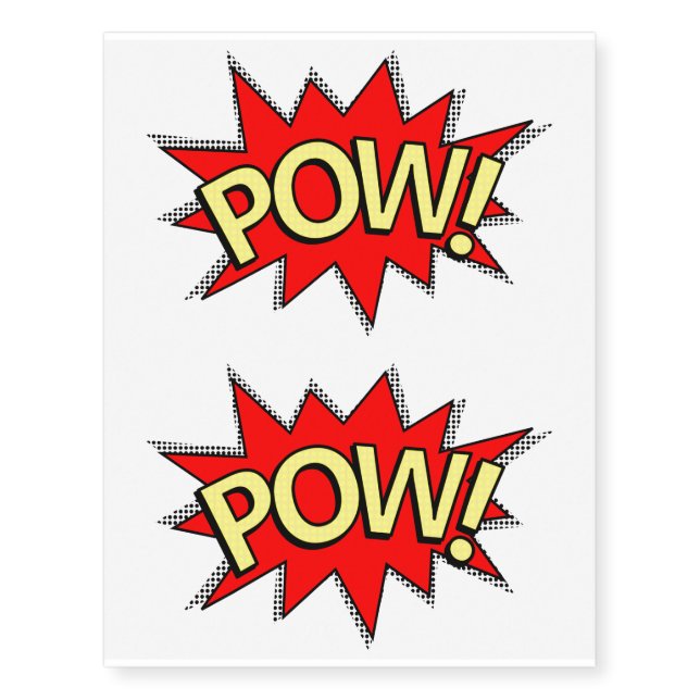 Sheet of 2 Extra Large POW! Superhero Comic Book Temporary Tattoos (Front)