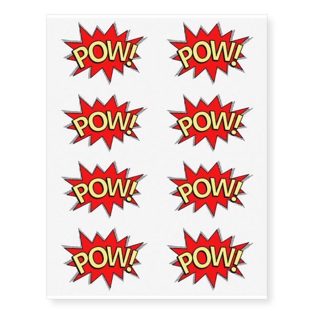Sheet of 8 Medium Large POW! Superhero Comic Book Temporary Tattoos (Front)