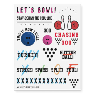 Sheet of Bowling Themed Temporary Tattoos