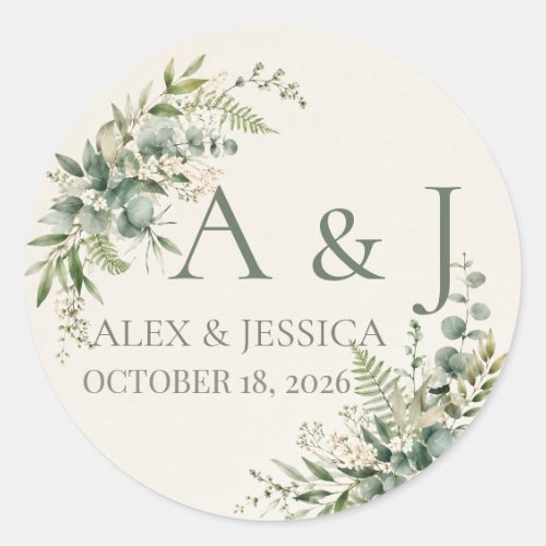 Sheet:Personalized Botanical Greenery Wedding Classic Round Sticker
