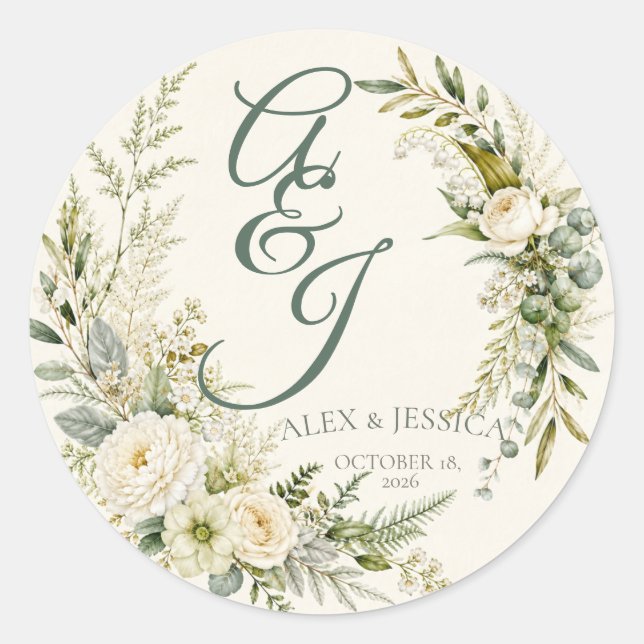 Sheet:Personalized Botanical Initials Envelope  Classic Round Sticker (Front)