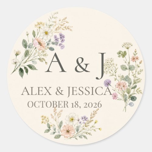 Sheet:Personalized Watercolor Wildflower Wedding Classic Round Sticker