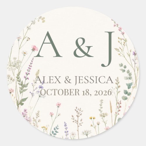 Sheet:Personalized Wildflower Wedding Envelope Classic Round Sticker