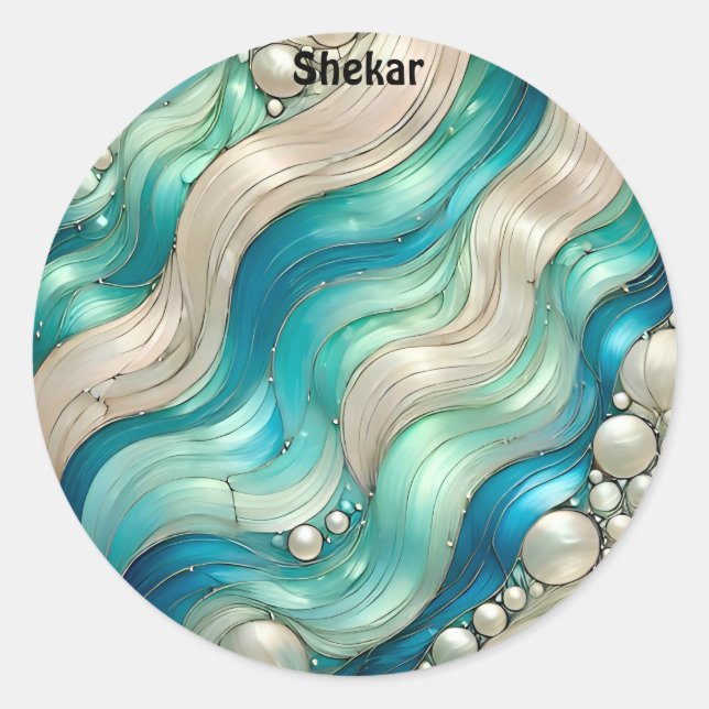 SHEKAR ~ SHINY Blue White Abstract ~  Classic Round Sticker (Front)