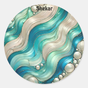 SHEKAR ~ SHINY Blue White Abstract ~ Classic Round Sticker