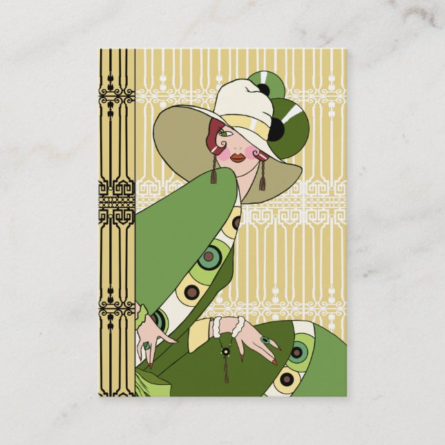 Shelby, 1920s Art Deco Lady in Yellow and Olive Business Card (Front)