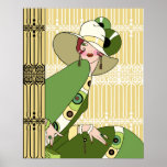 Shelby, 1920s Art Deco Lady in Yellow and Olive Poster<br><div class="desc">Shelby is seated in front of and next to a beautiful set of art deco ironwork fences. She wears a simple hat,  pulled down over one eye,  and a colorful dress and jacket with matching jewelry.</div>