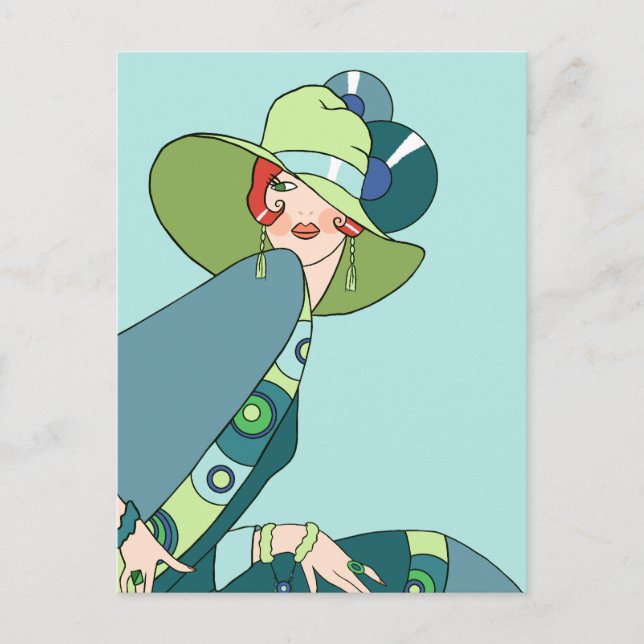 Shelby, 1920s Lady in Aqua and Teal Postcard (Front)