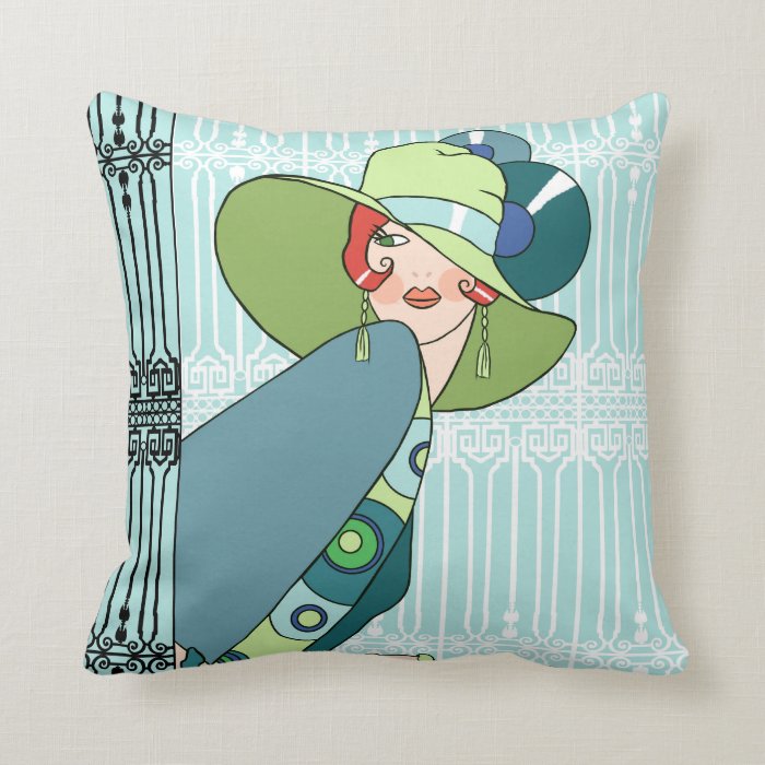 Shelby, 1920s Lady in Aqua and Teal Throw Pillows