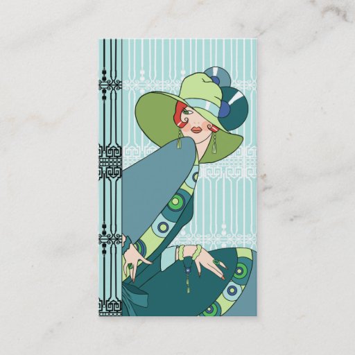 Customizable Shelby, 1930s Lady in Aqua and Teal Business Card Templates
