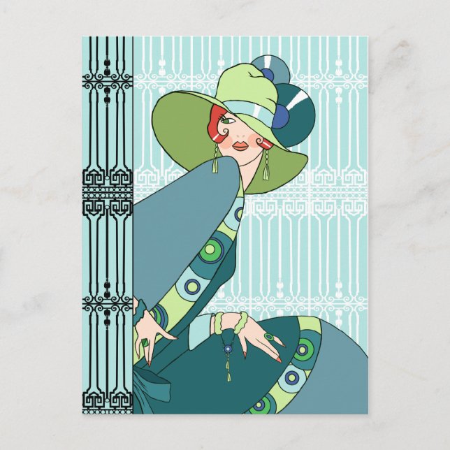 Shelby, 1930s Lady in Aqua and Teal Postcard (Front)