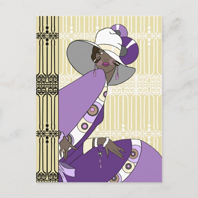 Shelby, 1930s Lady in Cream and Purple Postcard (Front)