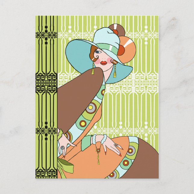 Shelby, 1930s Lady in Kiwi and Brown Postcard (Front)