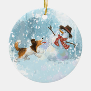Sheldon the Sheltie and the Snowman Ceramic Ornament