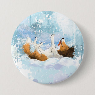 Sheldon the Sheltie Plays in the Snow Button