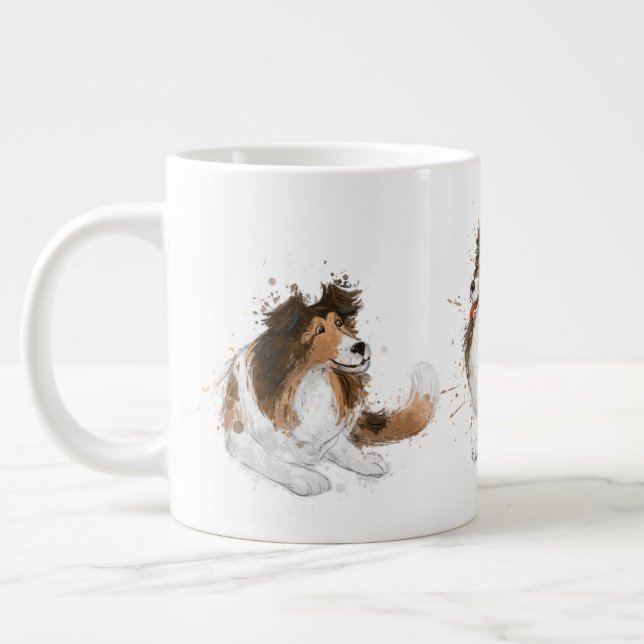 Sheldon the Sheltie Three Poses Giant Coffee Mug (Left)