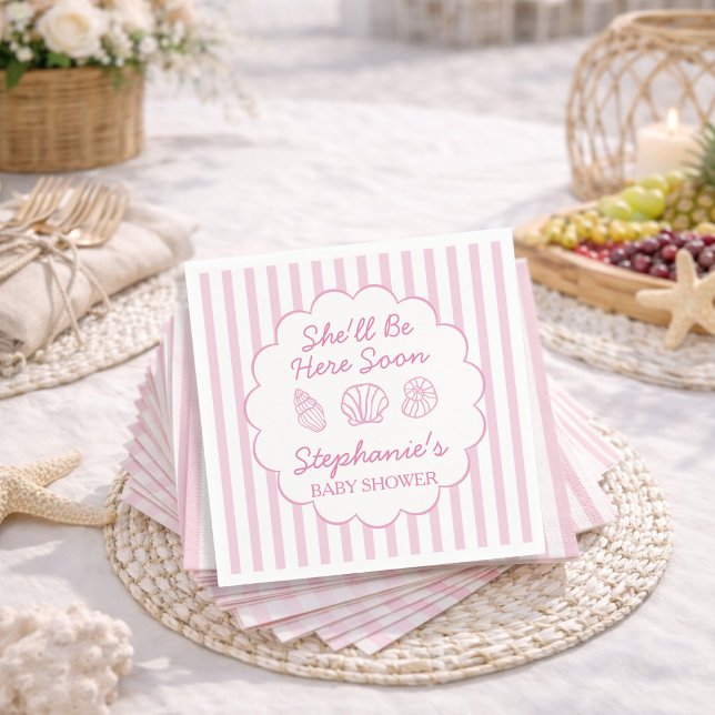 She'll Be Here Soon Pink Sea Shells Baby Shower Napkins (Creator Uploaded)