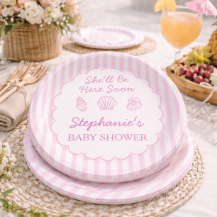She'll Be Here Soon Pink Sea Shells Baby Shower Paper Plates