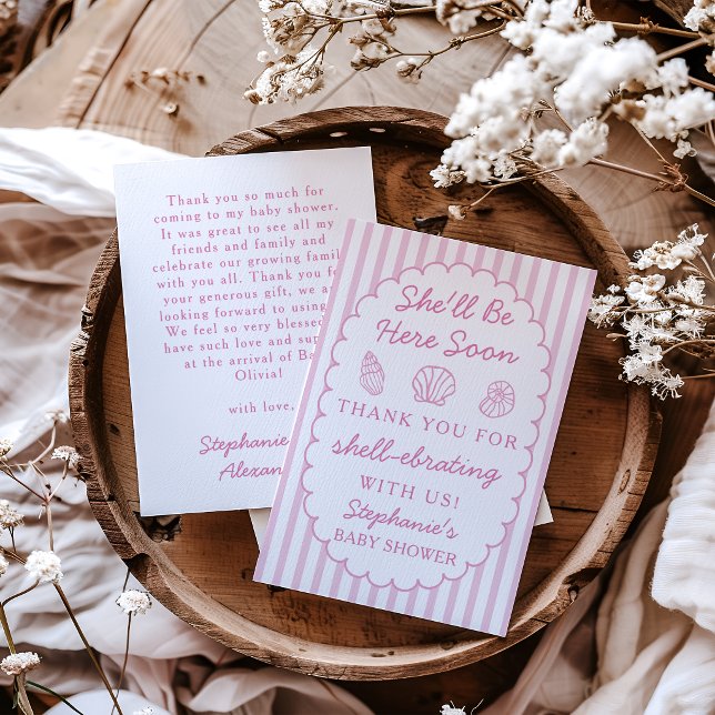 She'll Be Here Soon Pink Shells Baby Shower Thank You Card (Creator Uploaded)