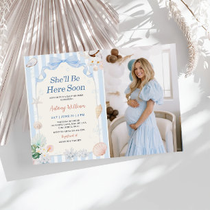 She'll Be Here Soon Seashell Baby Shower Photo Invitation