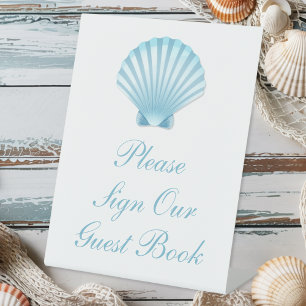 Shell Beach Nautical Blue Wedding Guest Book Pedestal Sign