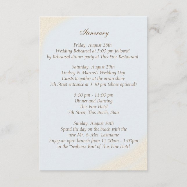 Shell Beach Sea Shore Wedding Intinerary Enclosure Card (Front)