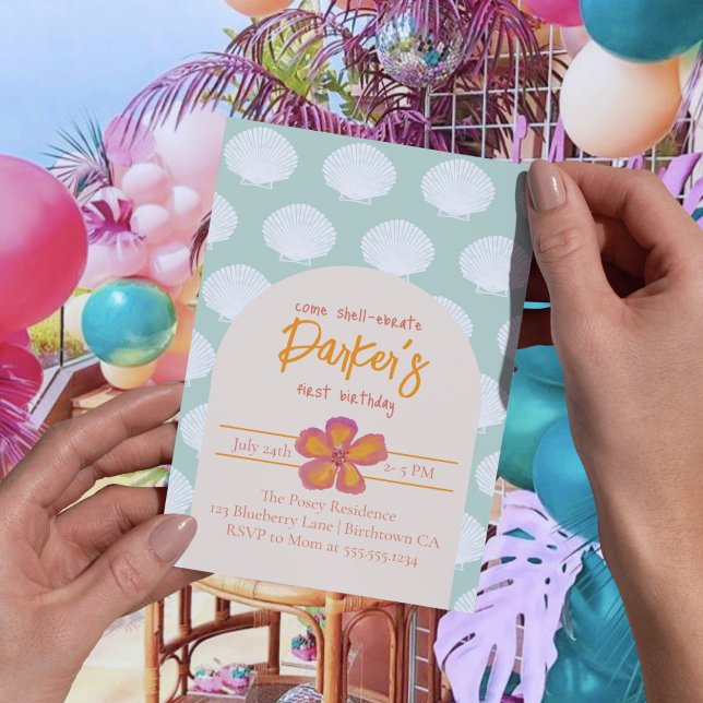Shell Birthday Party Floral Shellebration Girls Invitation (Get ready to shell-ebrate with this charming coastal beach party theme! )