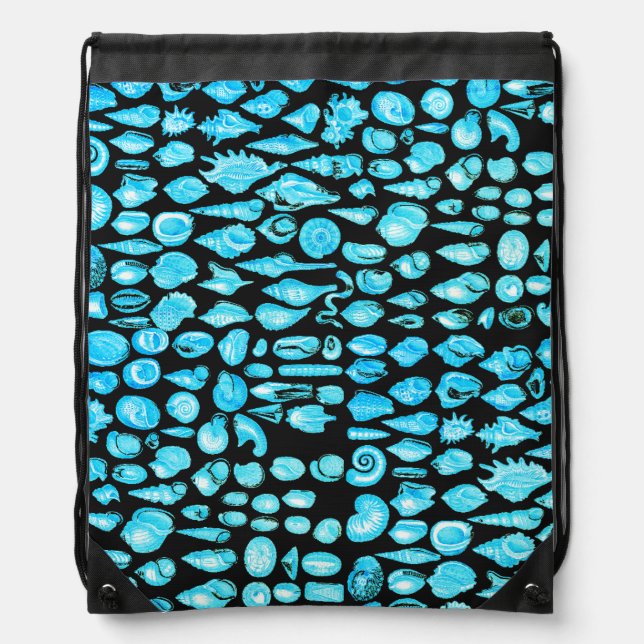 Shell- Black Splash- Aqua Blue Drawstring Backpack (Front)