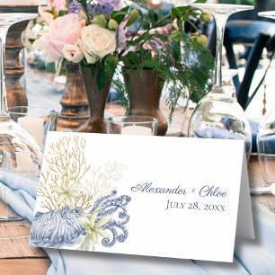 Shell Coastal Blue & Gold Folded Place Card