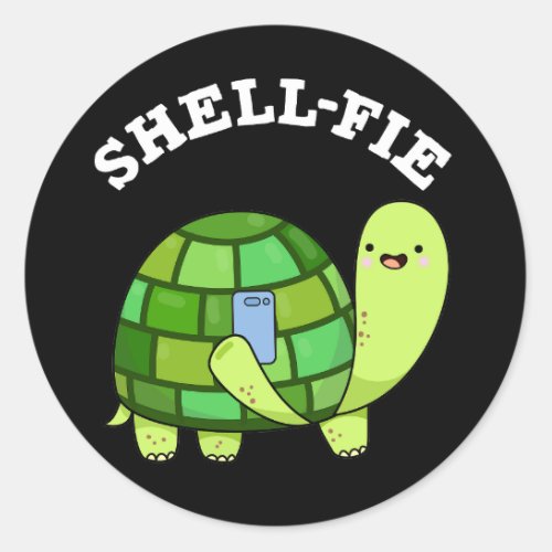 Shell_fie Funny Tortoise Selfie Pun Dark BG Classic Round Sticker