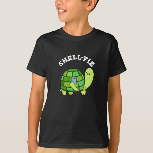 Shell-fie Funny Tortoise Selfie Pun Dark BG T-Shirt (Front)
