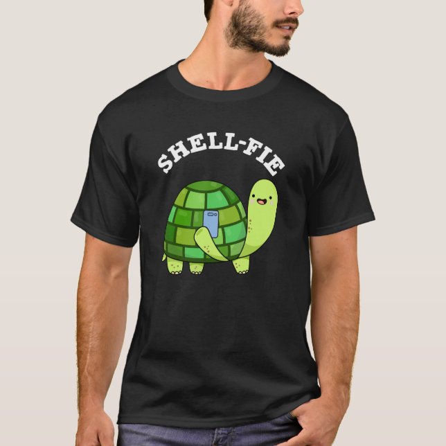 Shell-fie Funny Tortoise Selfie Pun Dark BG T-Shirt (Front)