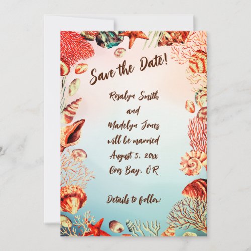 Shell Frame Casual Beach Wedding Save the Date Invitation