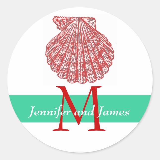 Shell Monogram Names Wedding Stickers Red Green (Front)