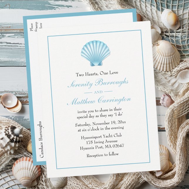 Shell Nautical Blue Turquoise Beach Wedding Invitation Postcard (Creator Uploaded)