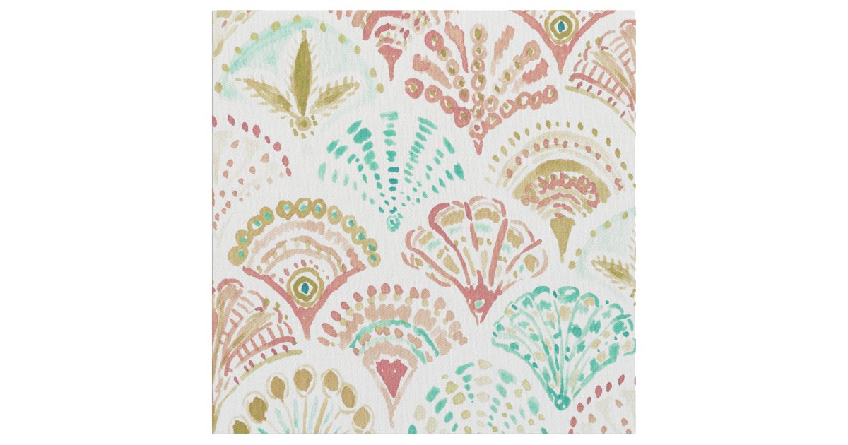 SHELL OUT Mermaid Scales in Coral, Mint + Gold Fabric | Zazzle