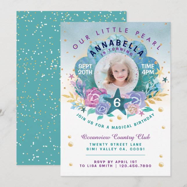 Shell Peal Under The Sea Photo Birthday Invitation (Front/Back)