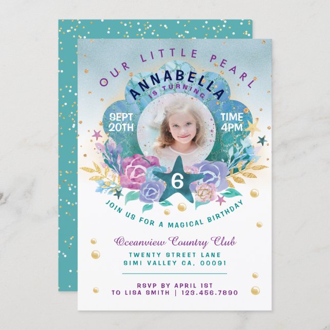 Shell Peal Under The Sea Photo Birthday Invitation (Front/Back)