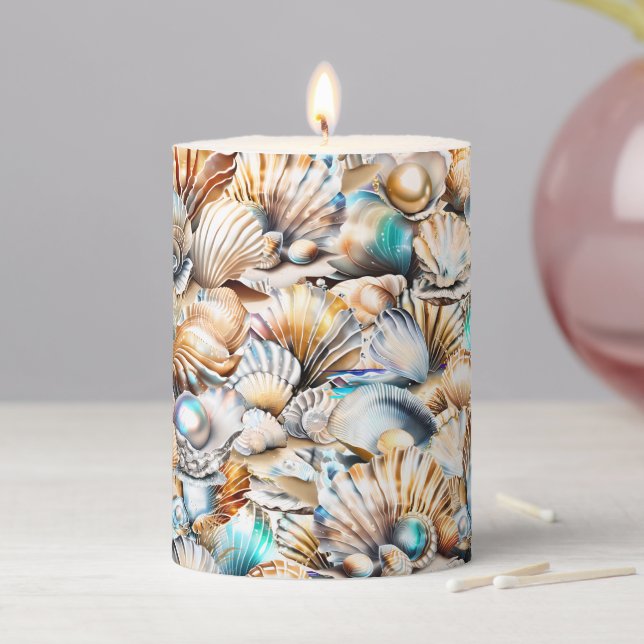Shell pearl collage AI sand sea ocean Pillar Candle (In Situ)