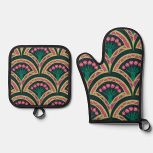 shell shaped green pattern oven mitt & pot holder set