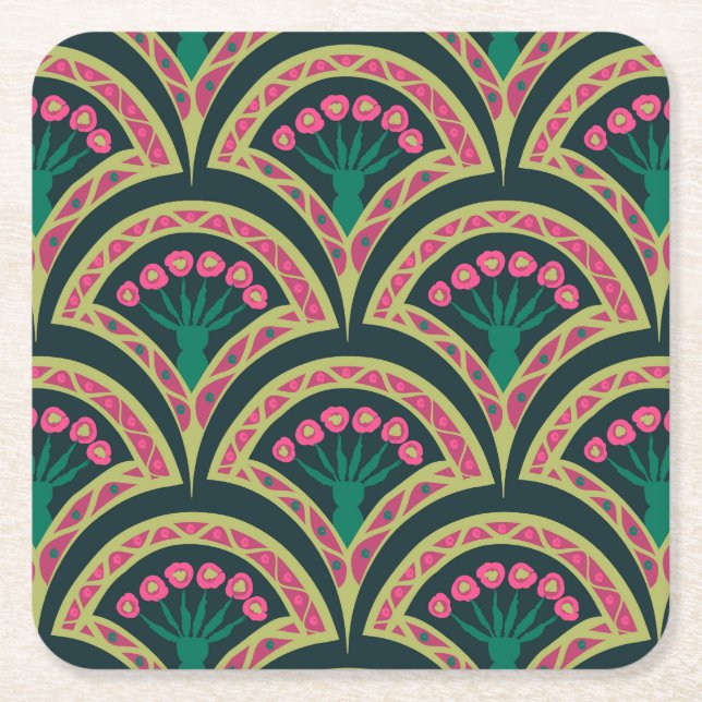 shell shaped green pattern square paper coaster (Front)