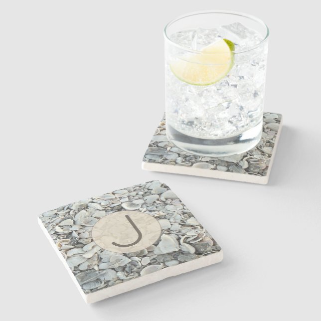 Shell Shoreline Monogram Design Stone Coaster (Side)